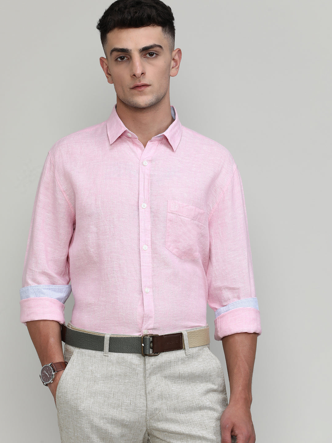 Pink Slim Fit Premium Linen Solid Shirt-SS25