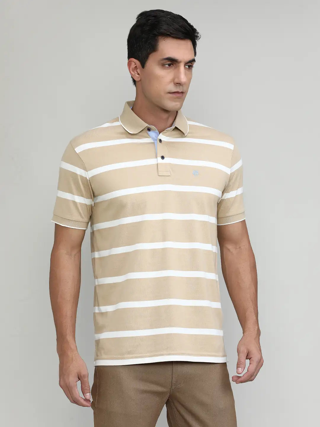 Sand Jersey Cotton Lycra Stripes Polo T-shirt