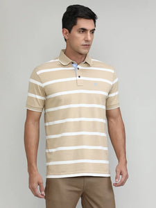 Sand Jersey Cotton Lycra Stripes Polo T-shirt
