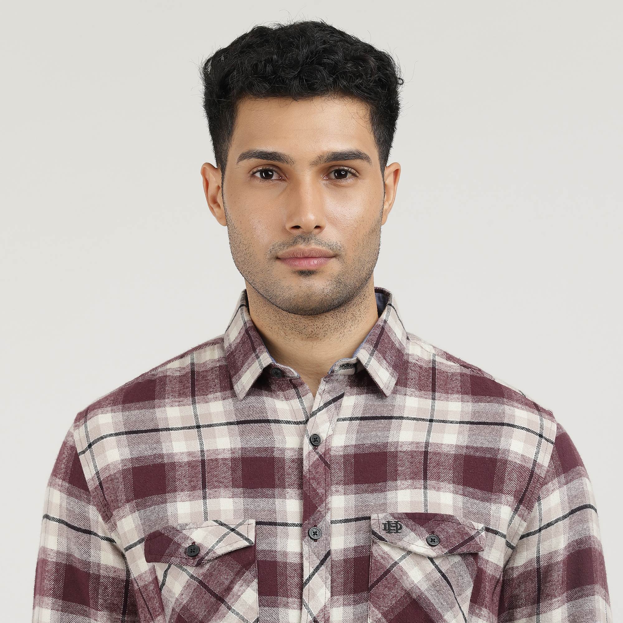 Wine Brushed Checks Shirt With Double Pocket