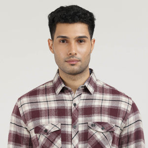 Wine Brushed Checks Shirt With Double Pocket