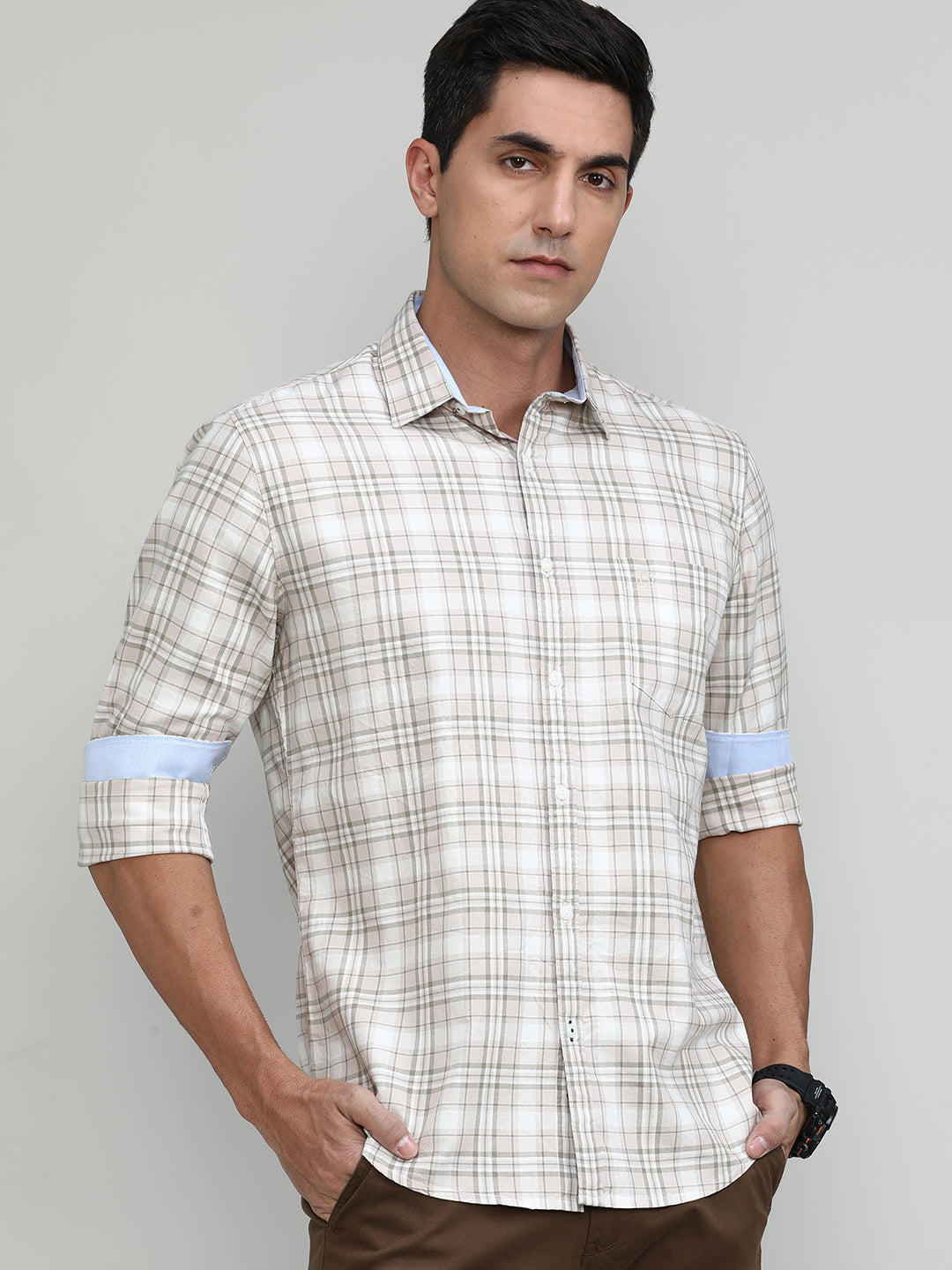 Beige Slim Fit Premuim Cotton Checks Shirt With Bone Collar & Pocket