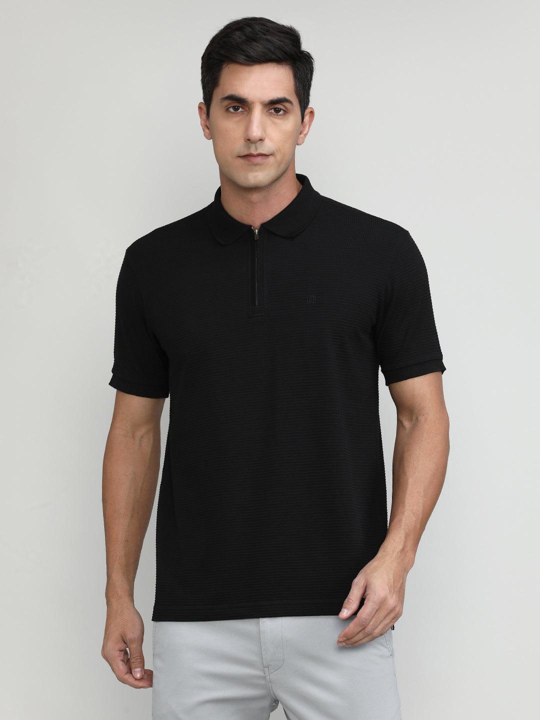 Navy Popcorn Weave Cotton Lycra Solid Polo T-shirt