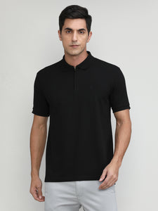 Navy Popcorn Weave Cotton Lycra Solid Polo T-shirt