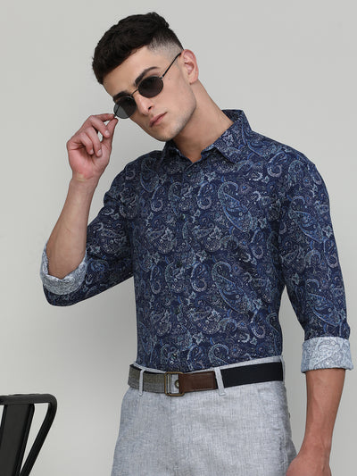Exclusive Purple Collection Royal Blue Slim Fit Printed Premium Cotton Linen Shirt