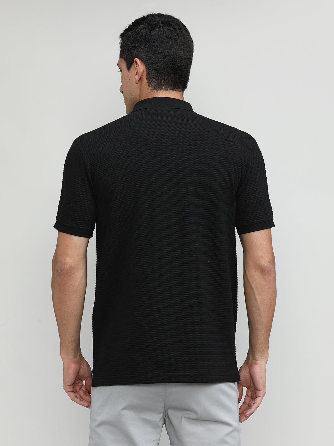 Navy Popcorn Weave Cotton Lycra Solid Polo T-shirt
