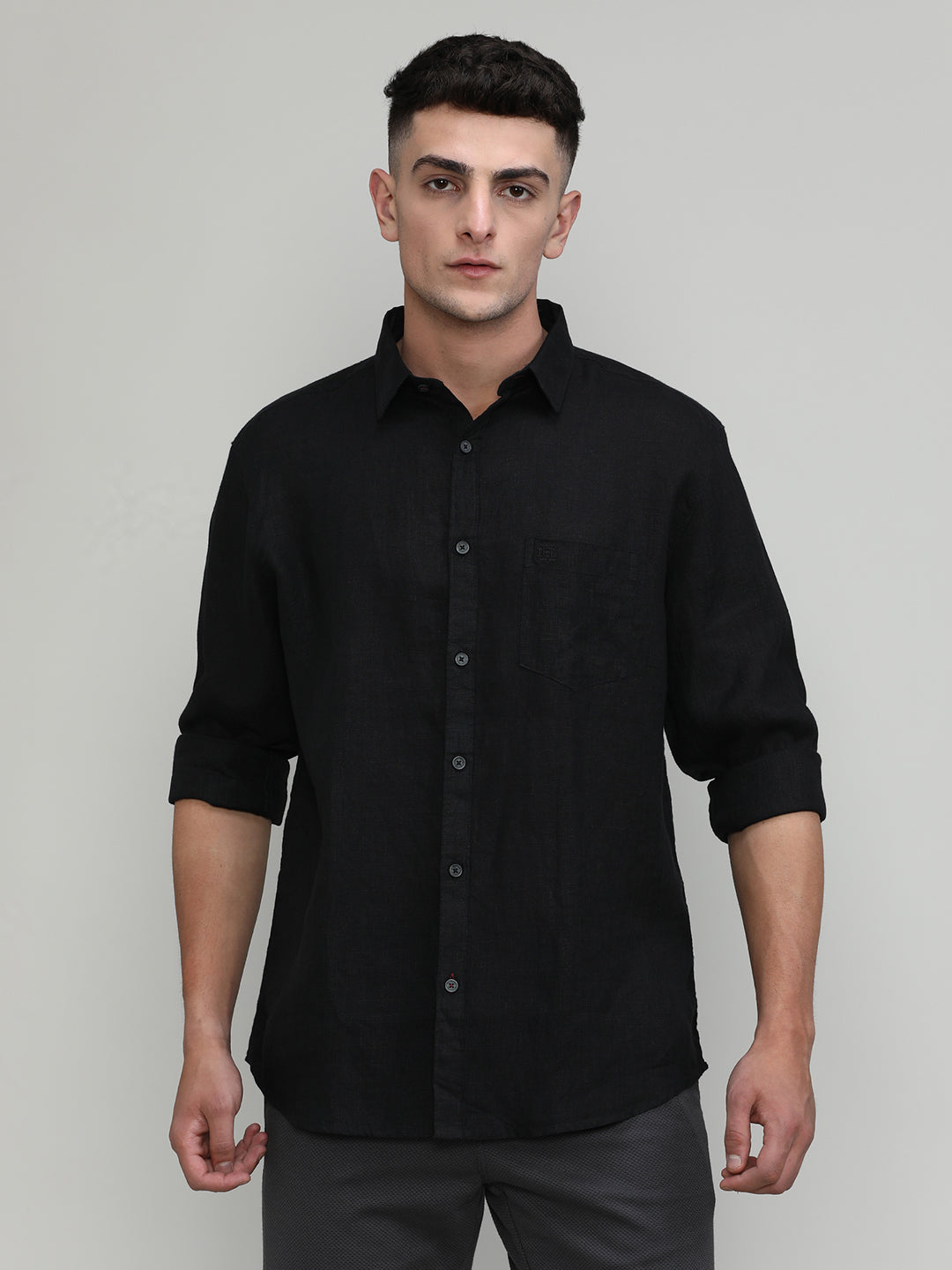 Black Slim Fit Premium Linen Solid Shirt-SS25