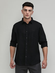 Black Slim Fit Premium Linen Solid Shirt-SS25