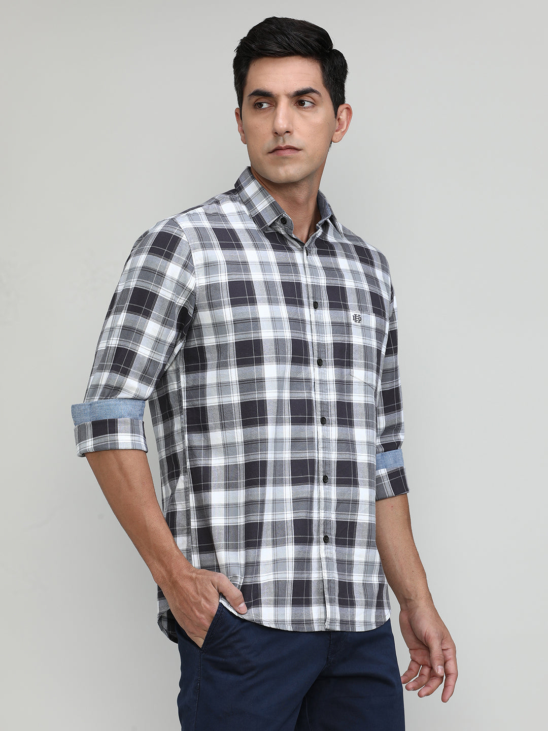 Charcoal Slim Fit Premuim Cotton Checks Shirt With Bone Collar & Pocket