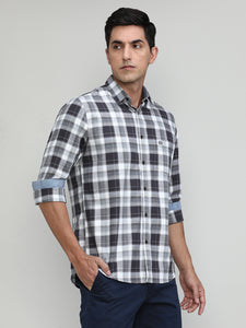 Charcoal Slim Fit Premuim Cotton Checks Shirt With Bone Collar & Pocket