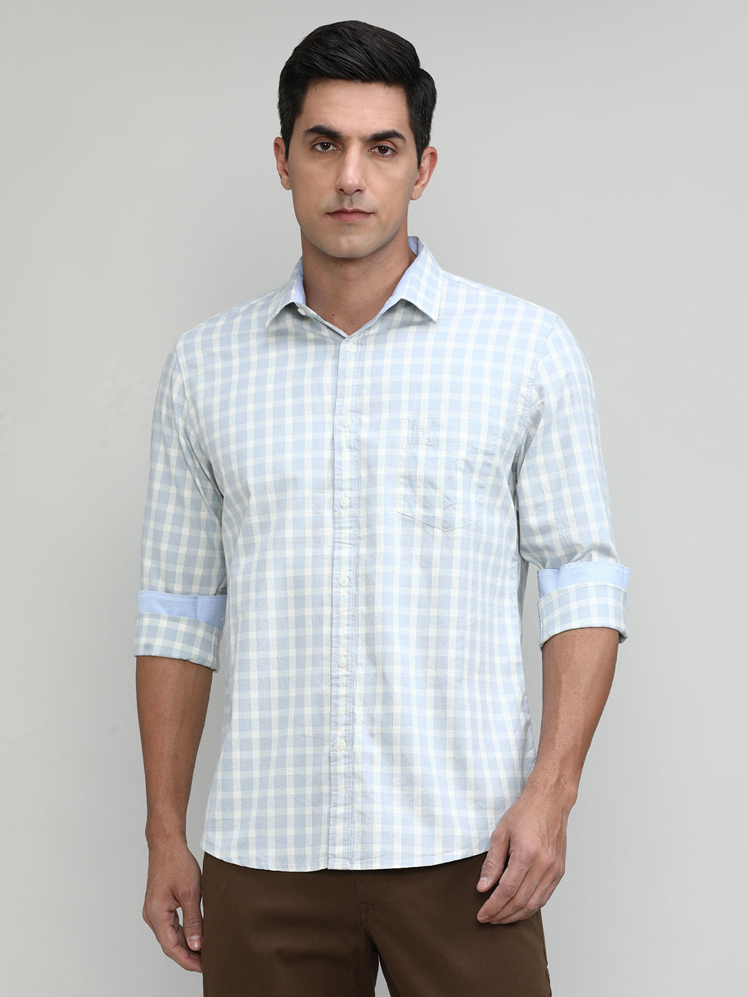 Heather Grey Slim Fit Premuim Cotton Checks Shirt With Bone Collar & Pocket