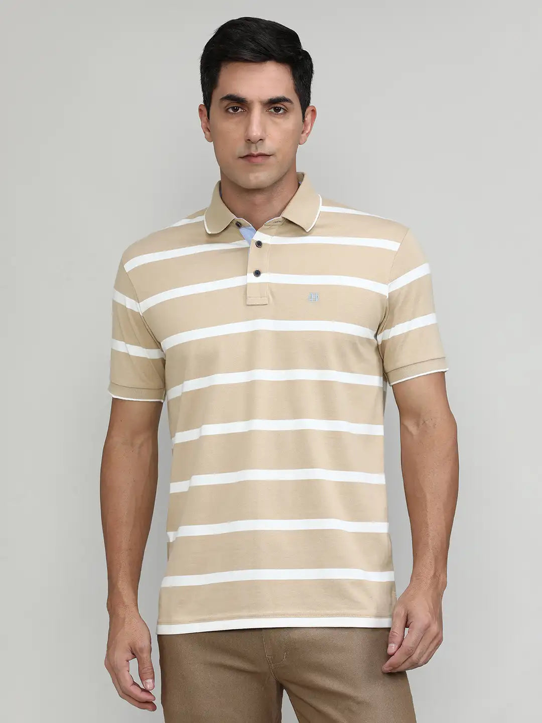 Sand Jersey Cotton Lycra Stripes Polo T-shirt