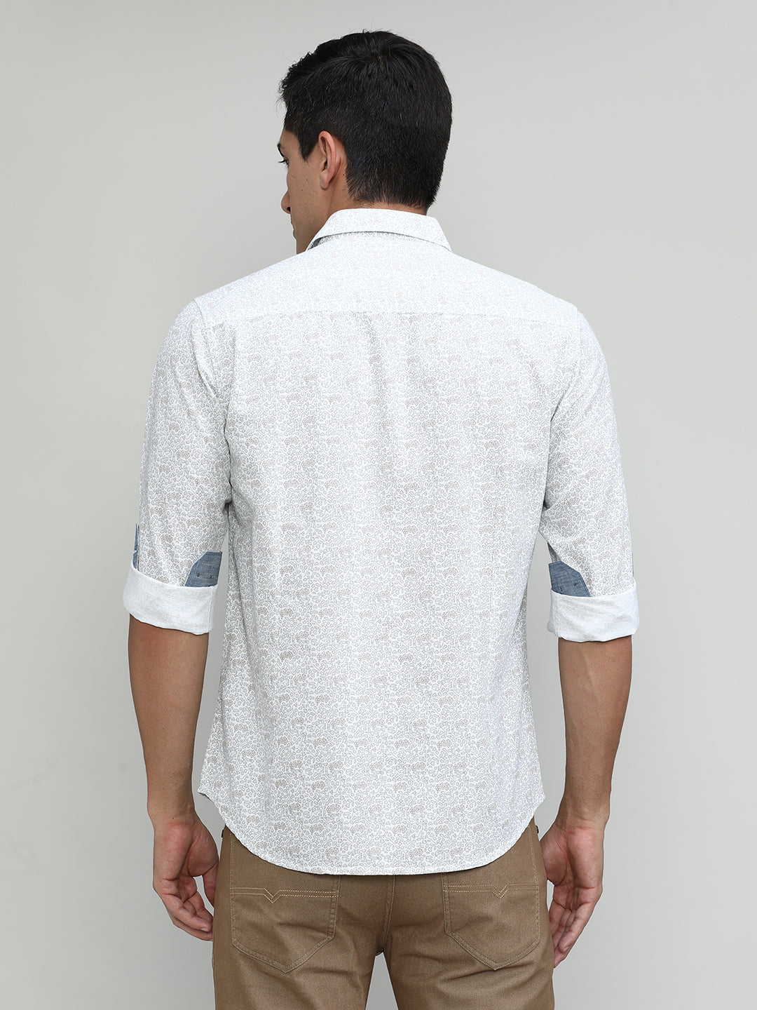 Light Grey Slim Fit Premuim Cotton Printed Shirt With Bone Collar