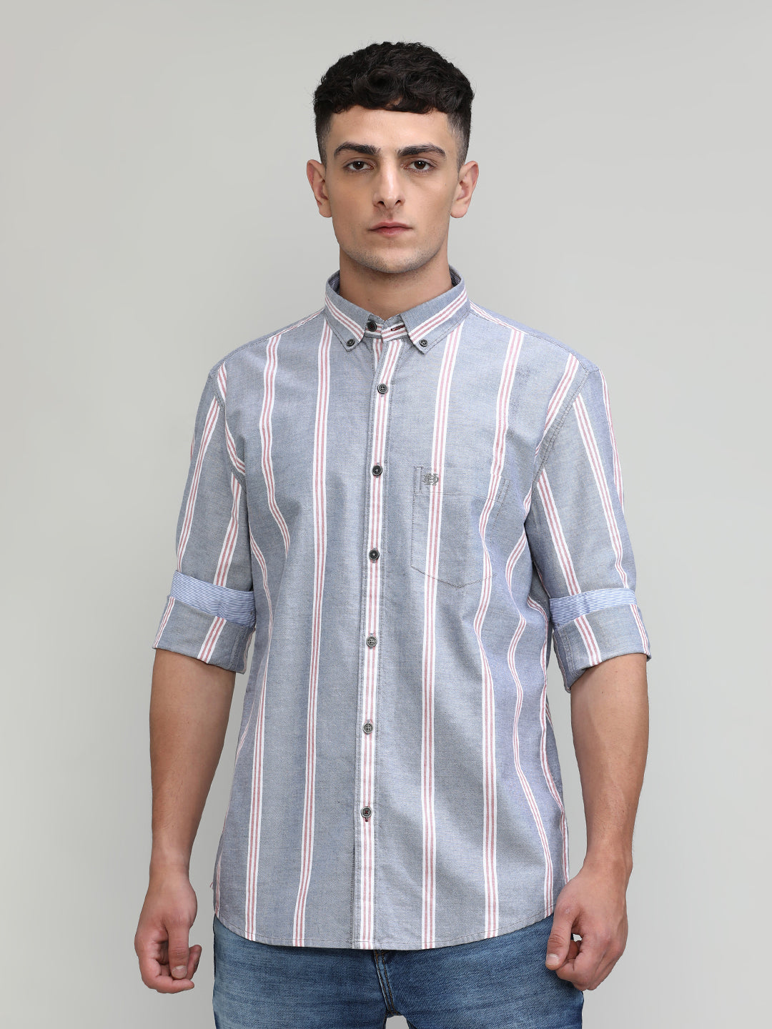 Grey Slim Fit Premium Cotton Lycra Stripe Shirt With Pocket-SS25