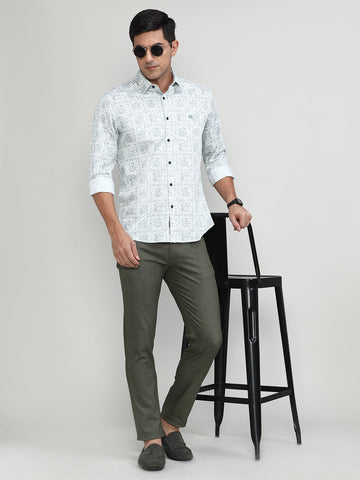 Green Slim Fit Premium Cotton Printed Shirt