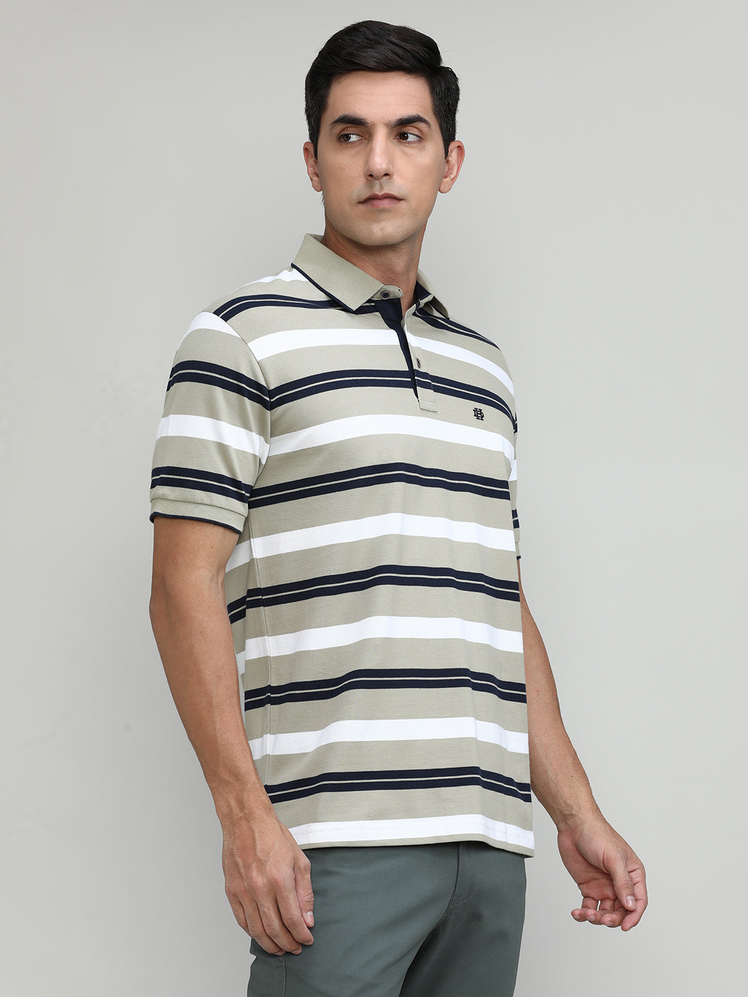 Sand Pique Cotton Lycra Stripes Polo T-shirt