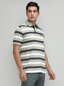 Sand Pique Cotton Lycra Stripes Polo T-shirt