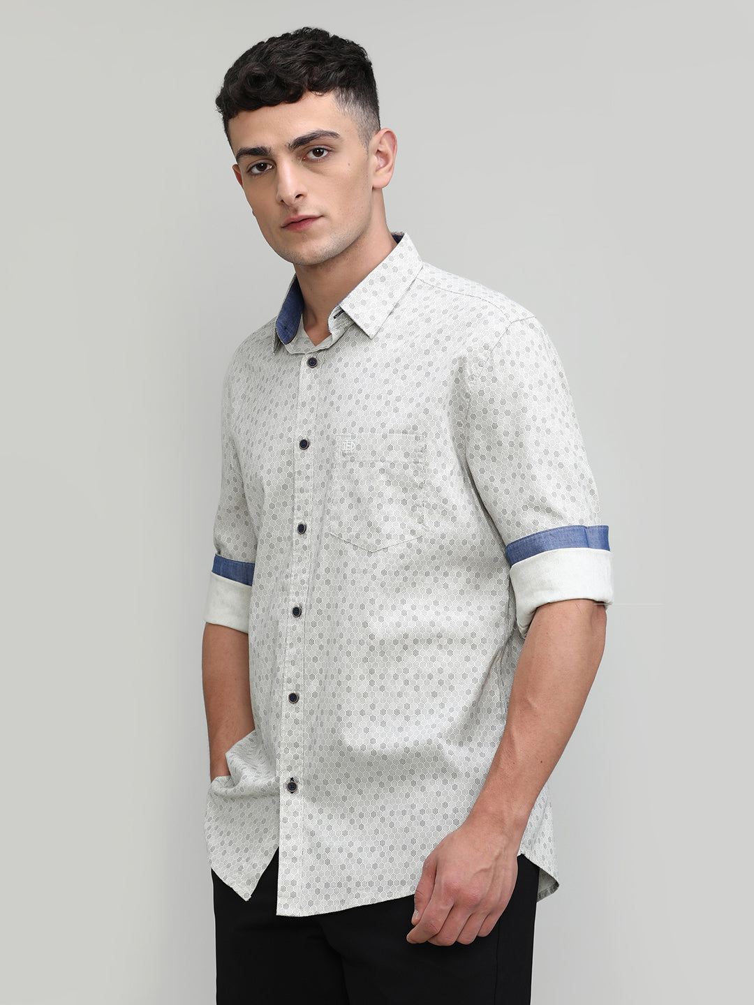 Beige Slim Fit Premium Cotton Printed Shirt With Pocket-SS25