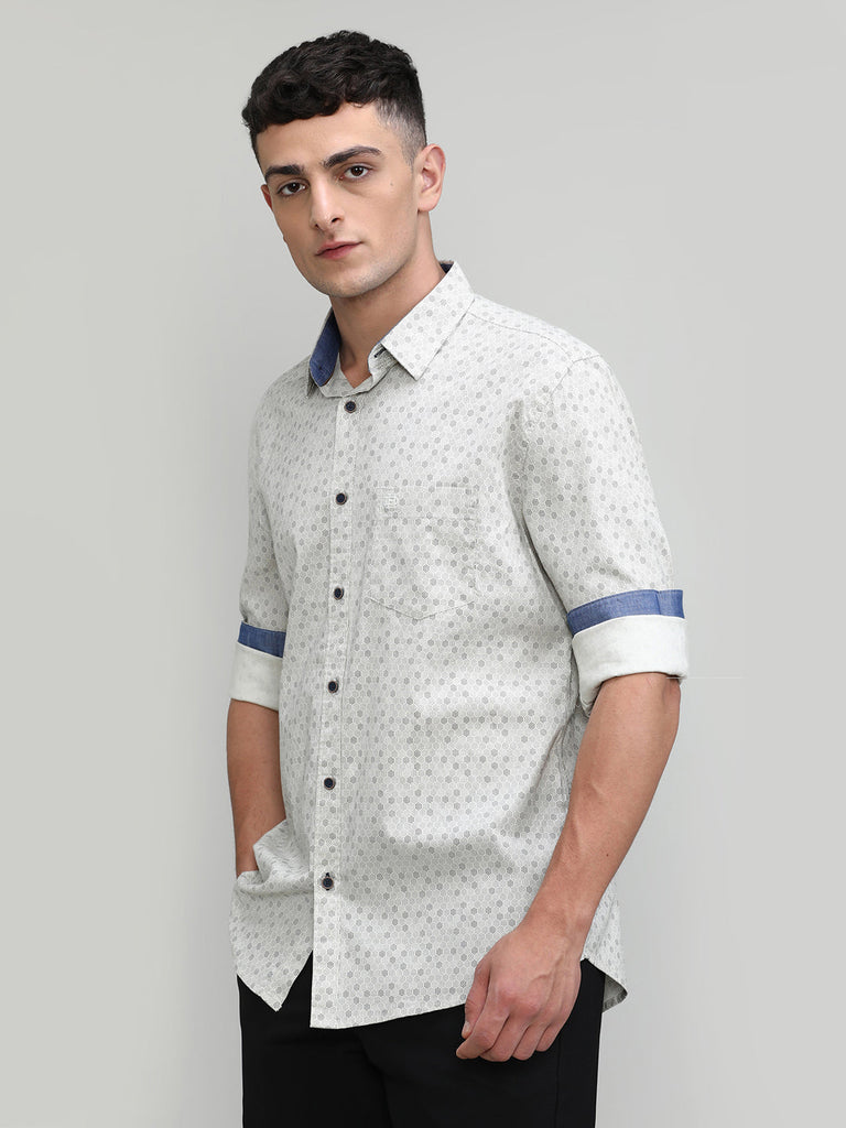 Beige Slim Fit Premium Cotton Printed Shirt With Pocket