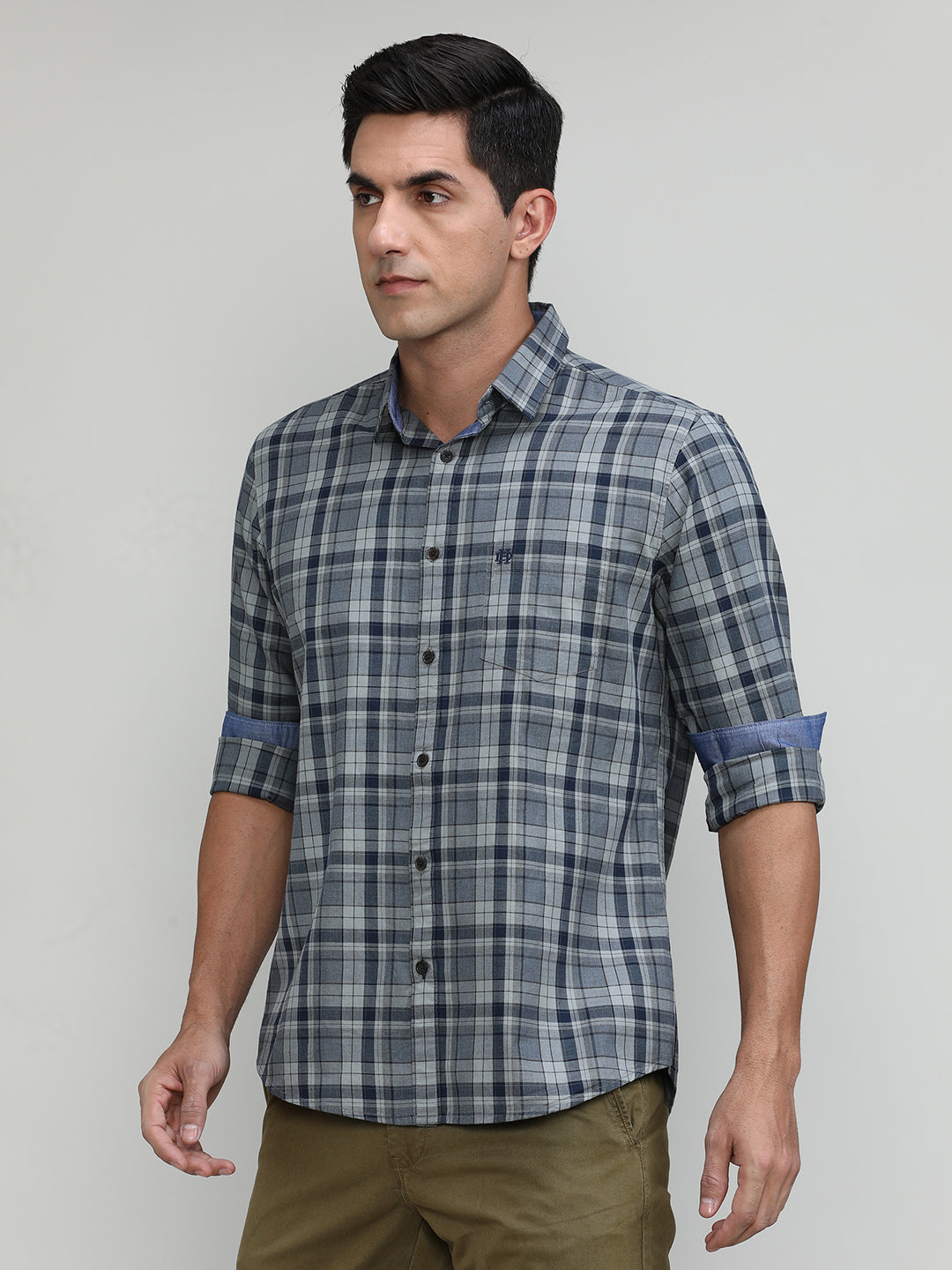 Navy Slim Fit Premuim Cotton Checks Shirt With Bone Collar & Pocket
