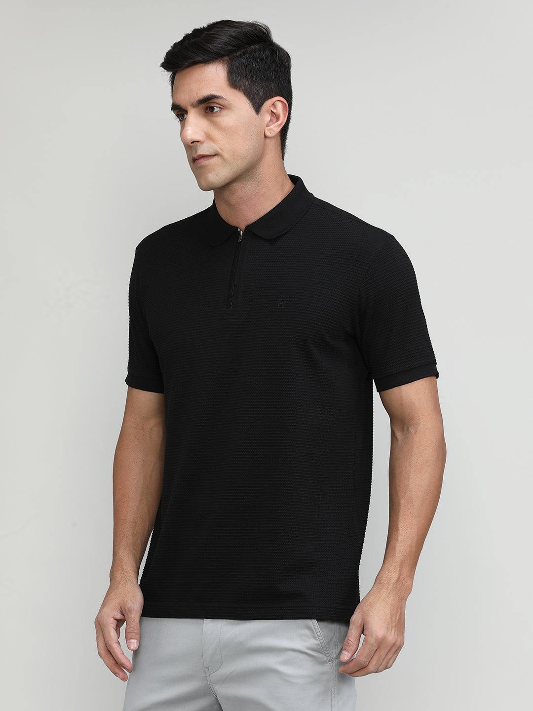 Navy Popcorn Weave Cotton Lycra Solid Polo T-shirt