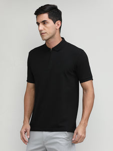 Navy Popcorn Weave Cotton Lycra Solid Polo T-shirt