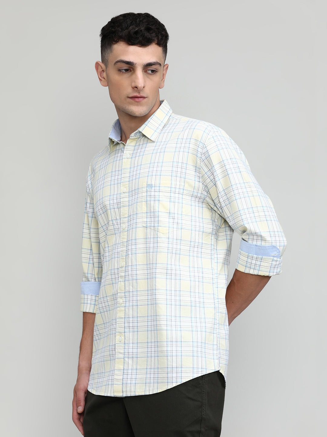Lime Shade Slim Fit Premuim Cotton Checks Shirt With Regular Pocket-SS25