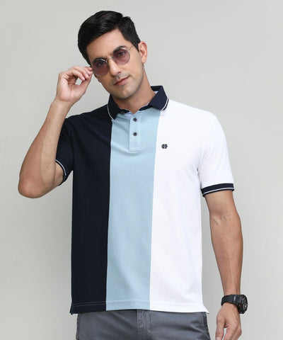 Sky Pique Cotton Lycra Stripes Polo T-shirt