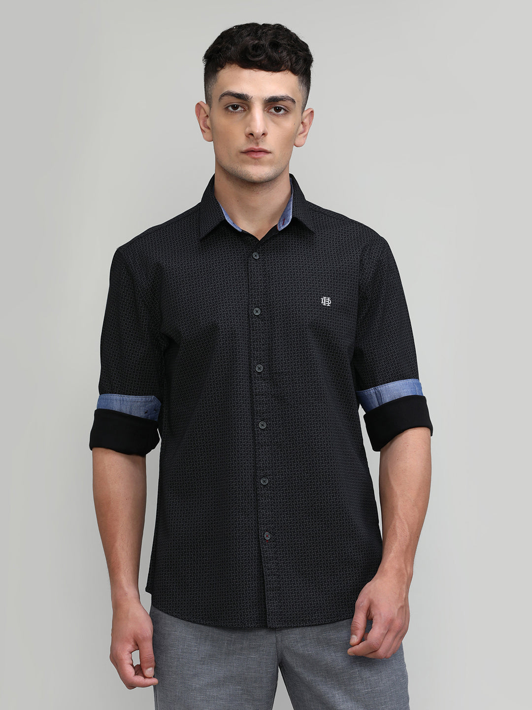 Black Slim Fit Premium Cotton Printed Shirt -SS25