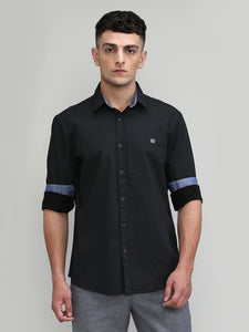 Black Slim Fit Premium Cotton Printed Shirt -SS25
