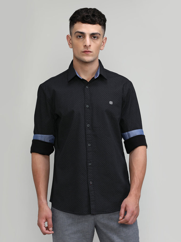 Black Slim Fit Premium Cotton Printed Shirt