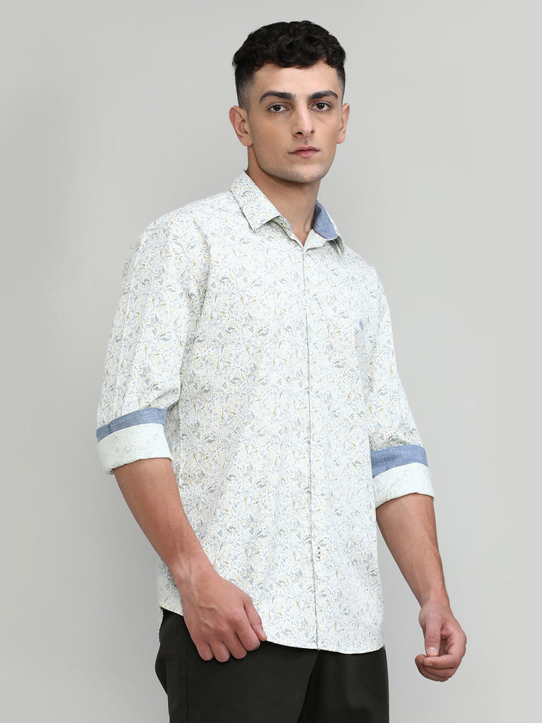 Beige Slim Fit Premium Cotton Printed Shirt
