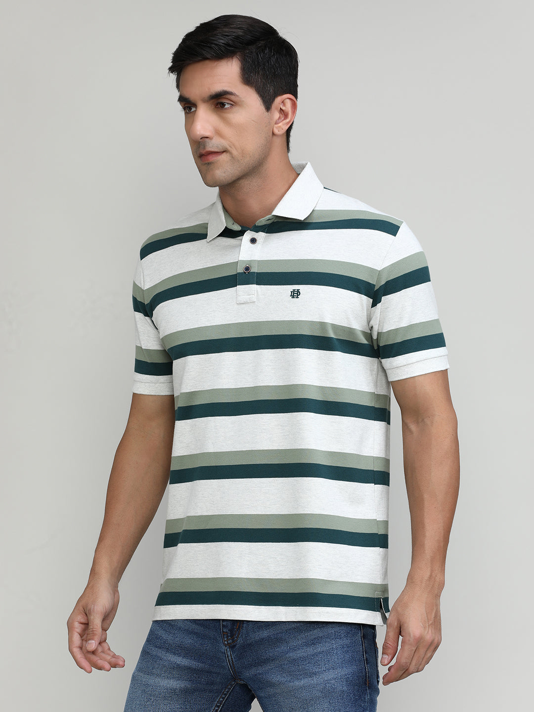 Forest Pique Cotton Lycra Stripes Polo T-shirt
