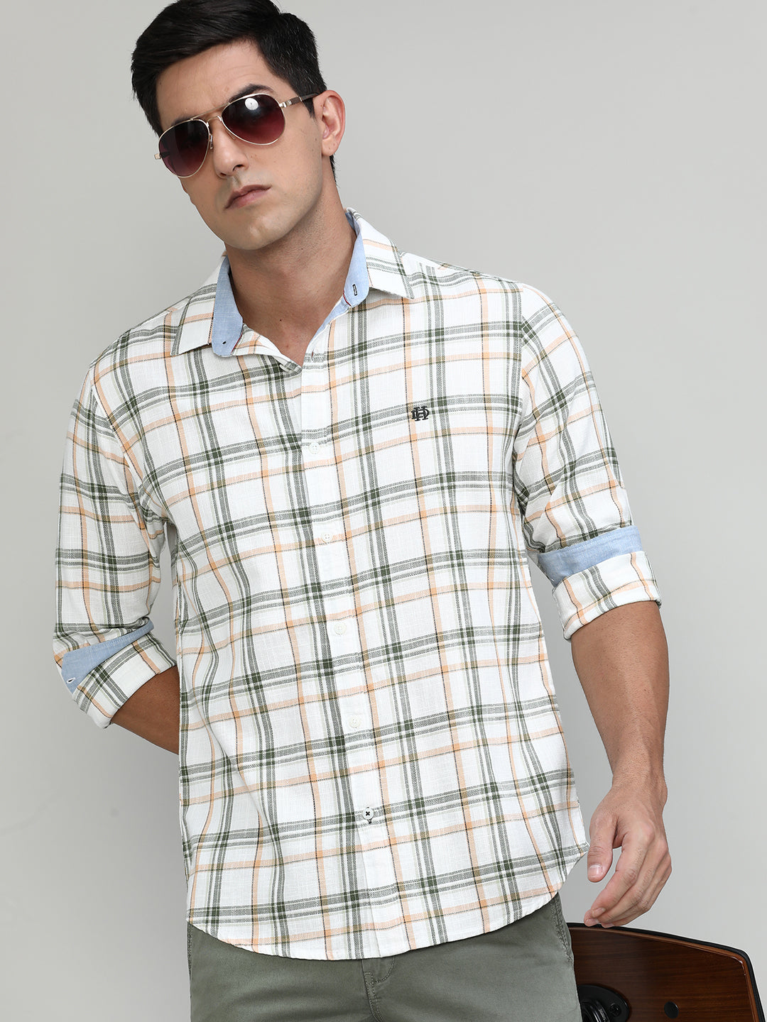 Forest Slim Fit Premuim Cotton Checks Shirt With Bone Collar