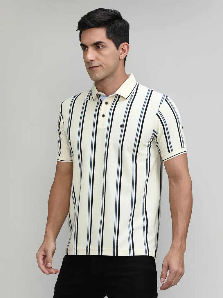 Natural Pique Cotton Lycra Stripes Polo T-shirt
