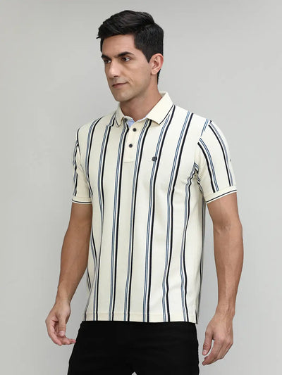 Natural Pique Cotton Lycra Stripes Polo T-shirt