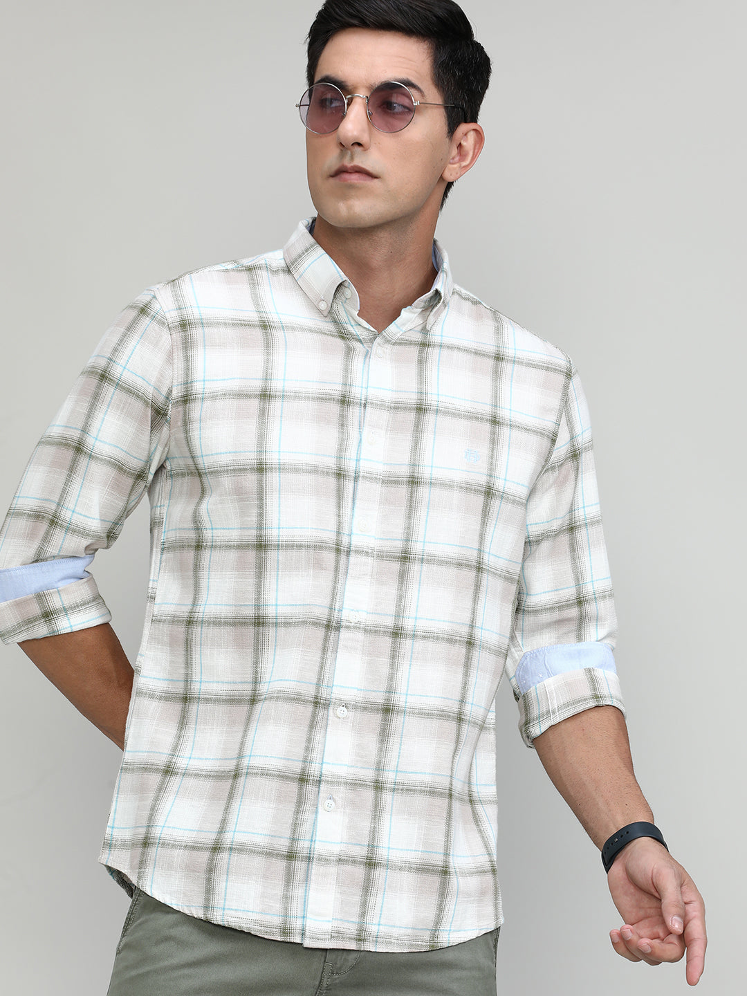 Beige Slim Fit Premuim Cotton Checks Shirt With Button Down Collar