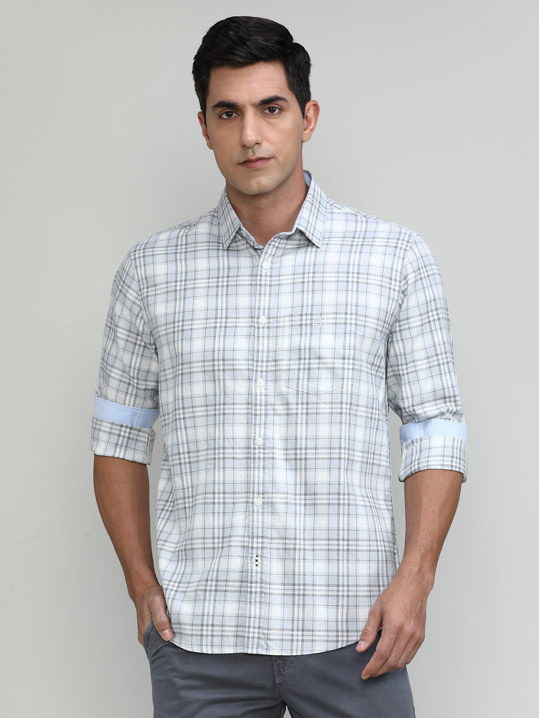 Light Grey Slim Fit Premuim Cotton Checks Shirt With Bone Collar & Pocket