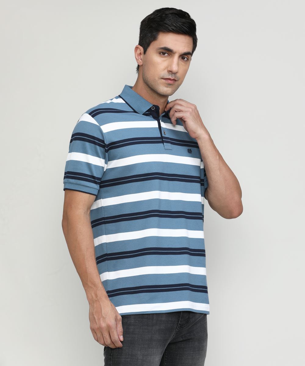 AF Blue Pique Cotton Lycra Stripes Polo T-shirt
