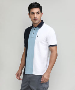 Sky Pique Cotton Lycra Stripes Polo T-shirt