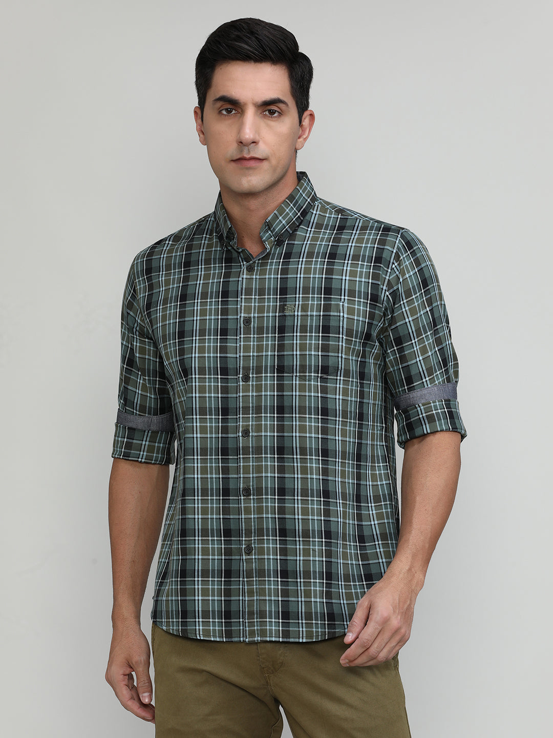 Lake Green Slim Fit Premuim Cotton Checks Shirt With Button Down Collar & Pocket