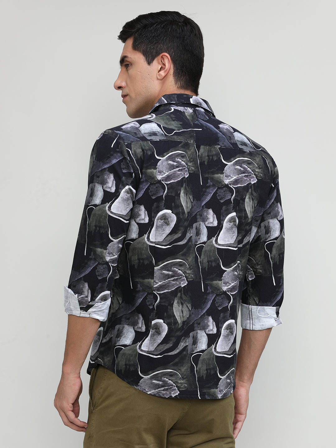 Black Slim Fit Premuim Cotton Printed Shirt With Bone Collar