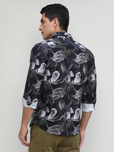 Black Slim Fit Premuim Cotton Printed Shirt With Bone Collar