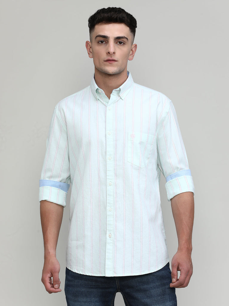 Pistachio Slim Fit Premium Cotton Lycra Stripe Shirt With Pocket