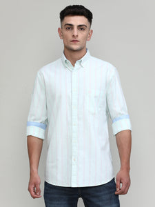 Pistachio Slim Fit Premium Cotton Lycra Stripe Shirt With Pocket