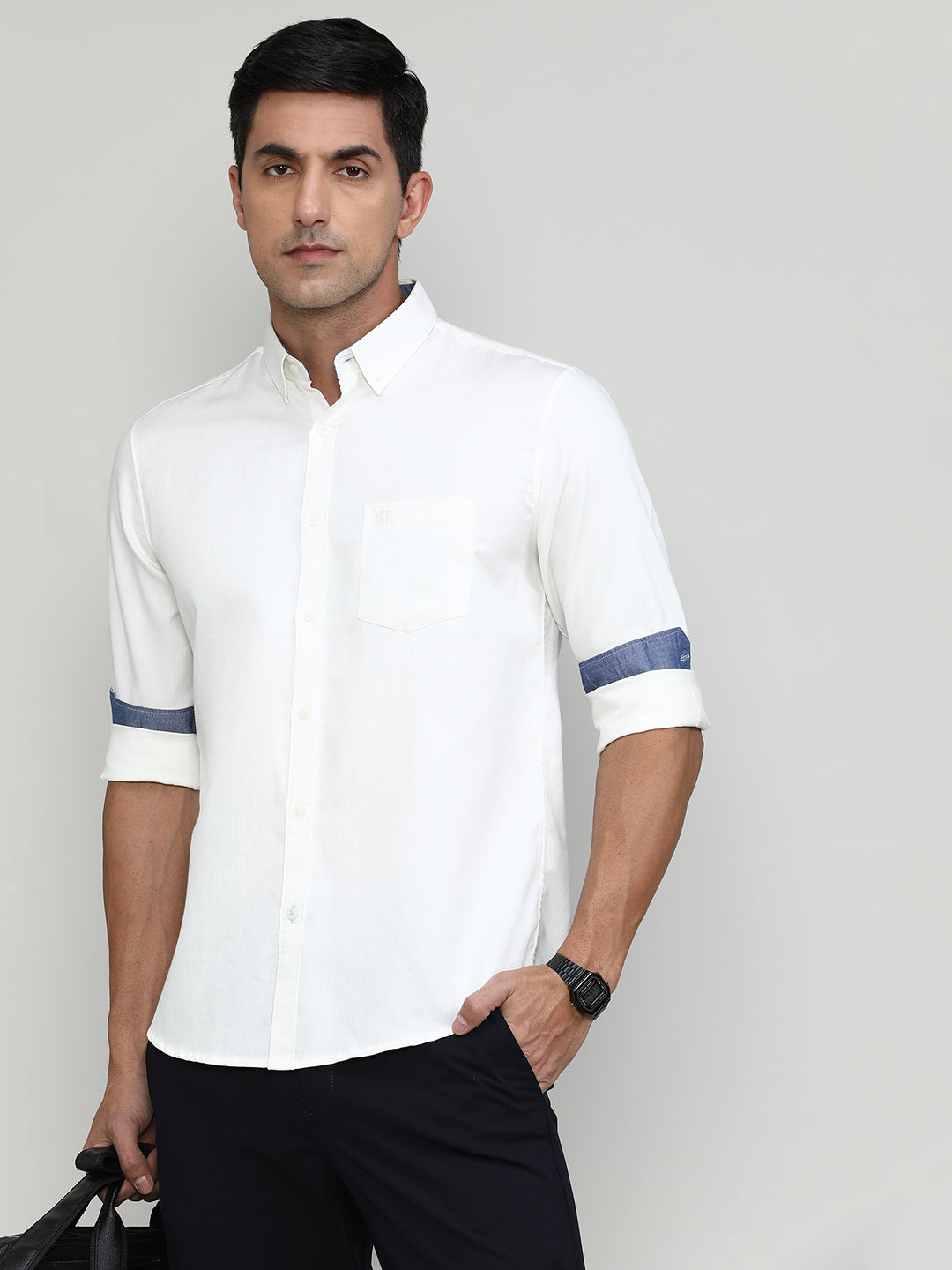 White Slim Fit Premium Cotton Lycra Solid Shirt With Pocket