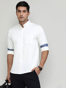 White Slim Fit Premium Cotton Lycra Solid Shirt With Pocket-SS25