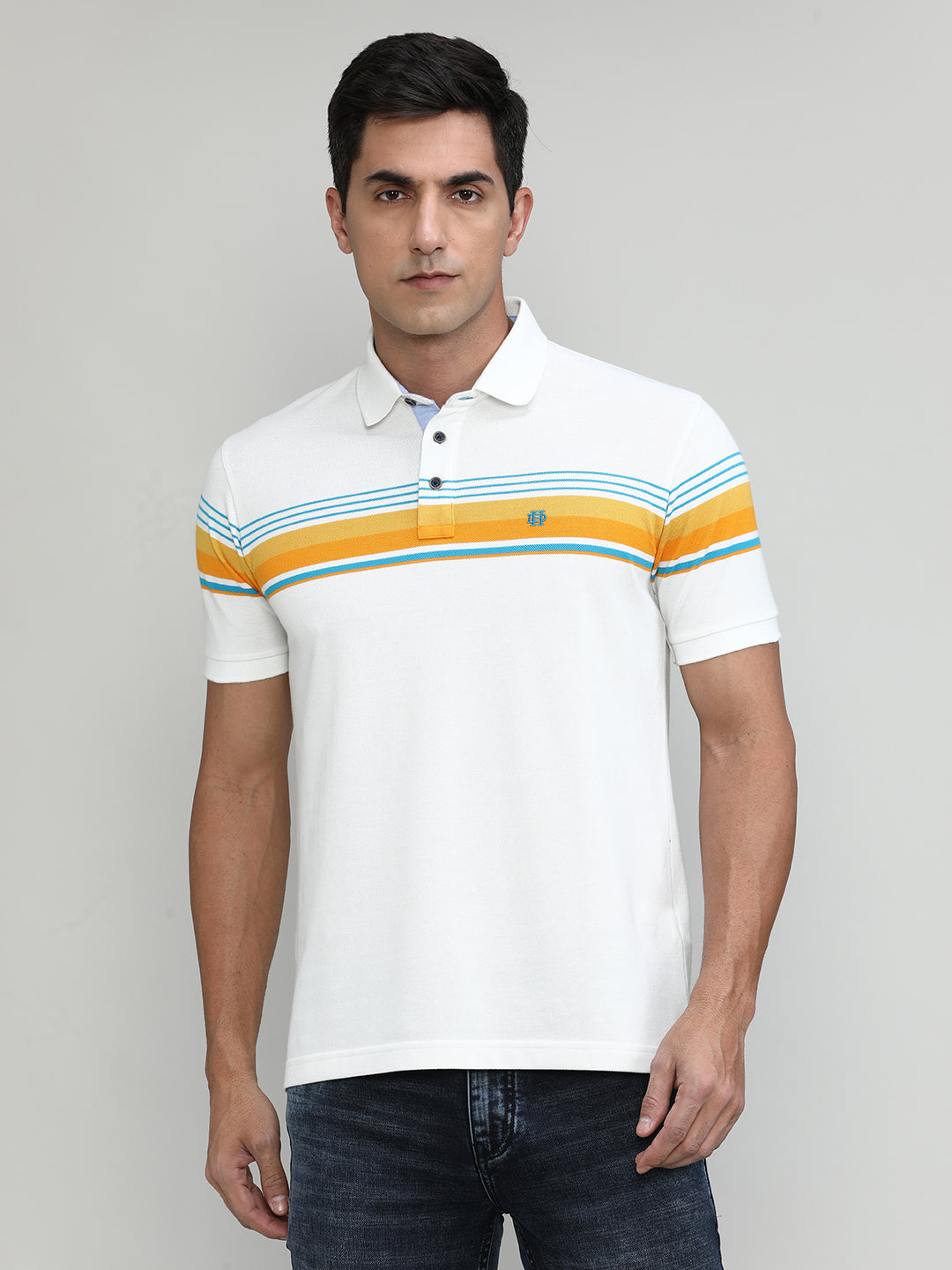 Snow White Pique Cotton Lycra Stripes Polo T-shirt