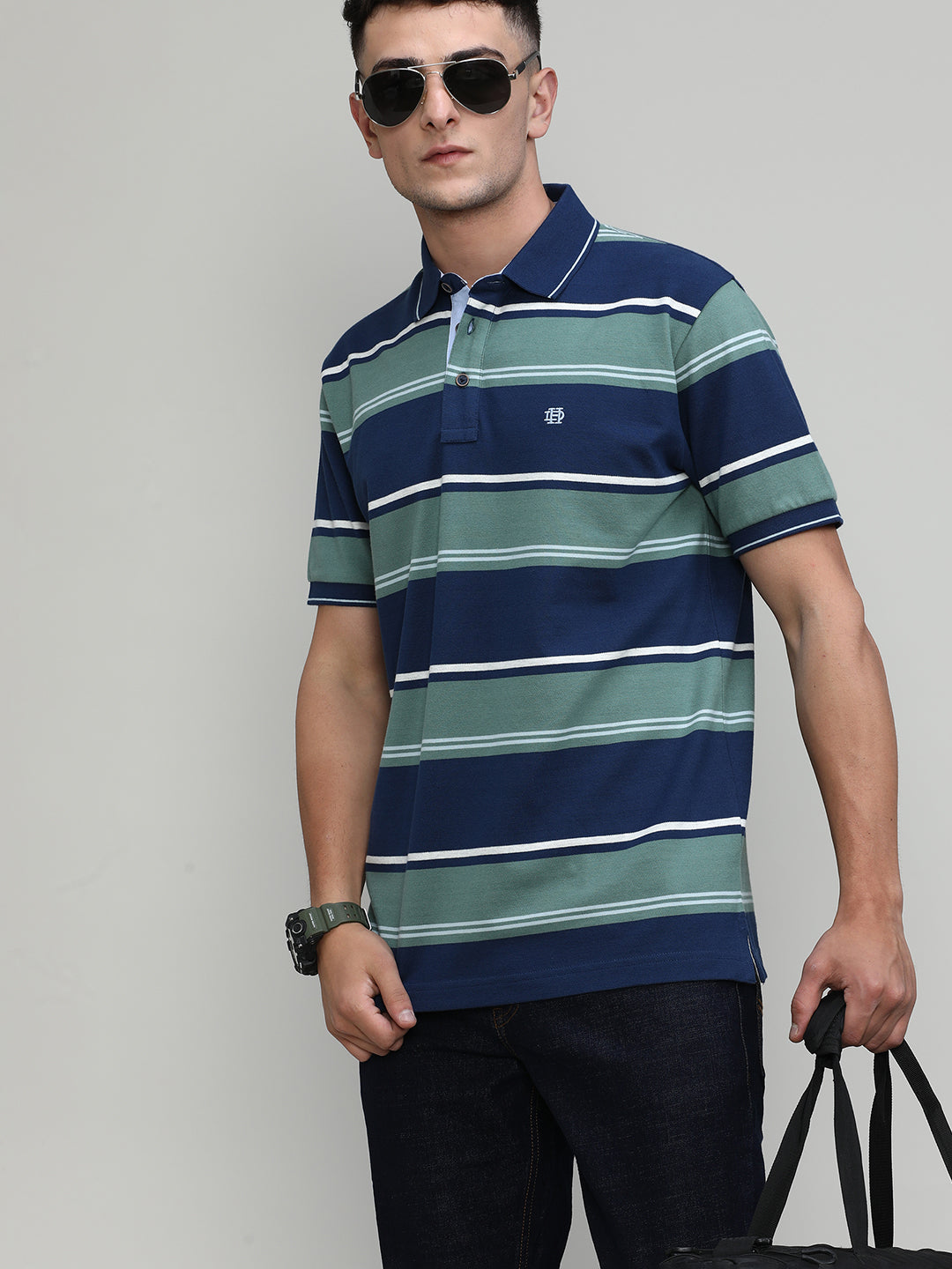 Indigo Pique Cotton Lycra Stripes Polo T-shirt