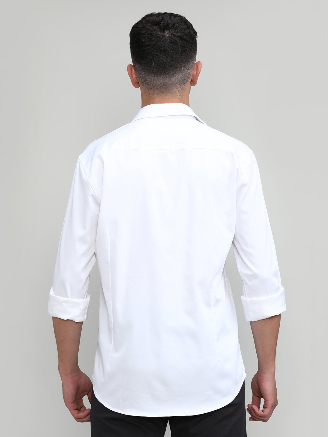 White Slim Fit Premium Satin Cotton Lycra Solid Shirt-SS25
